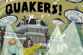 illustration of UFOs invading Swarthmore campus like a 1950s movie poster